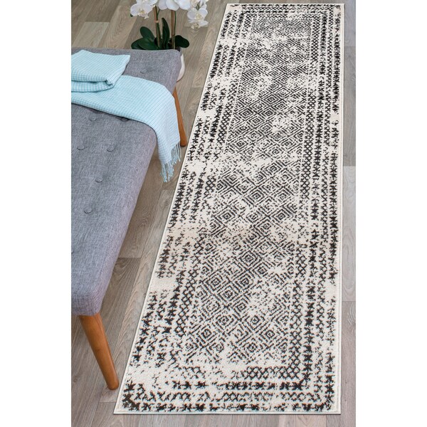 World Rug Gallery Bohemian Distressed Border Runner Rug 2' x 7' Black 386BLACK2X7 - main